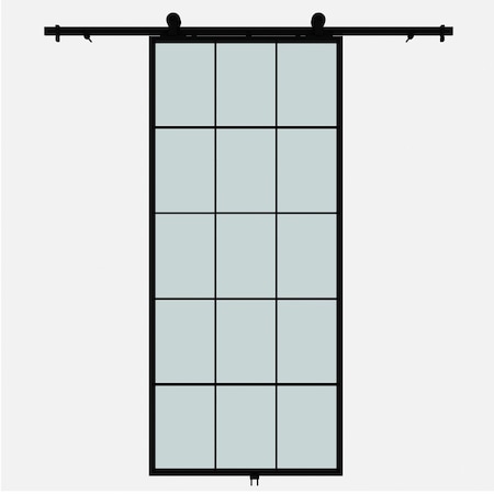 Renin Queen's Frosted Glass Metal Barn Door with Installation Hardware Kit 37 in. KMCTQNF-37BL-E